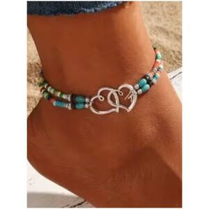 Boho Chic Ankle Bracelet Double Heart Design Multicolor Seed Beads Elastic Cord